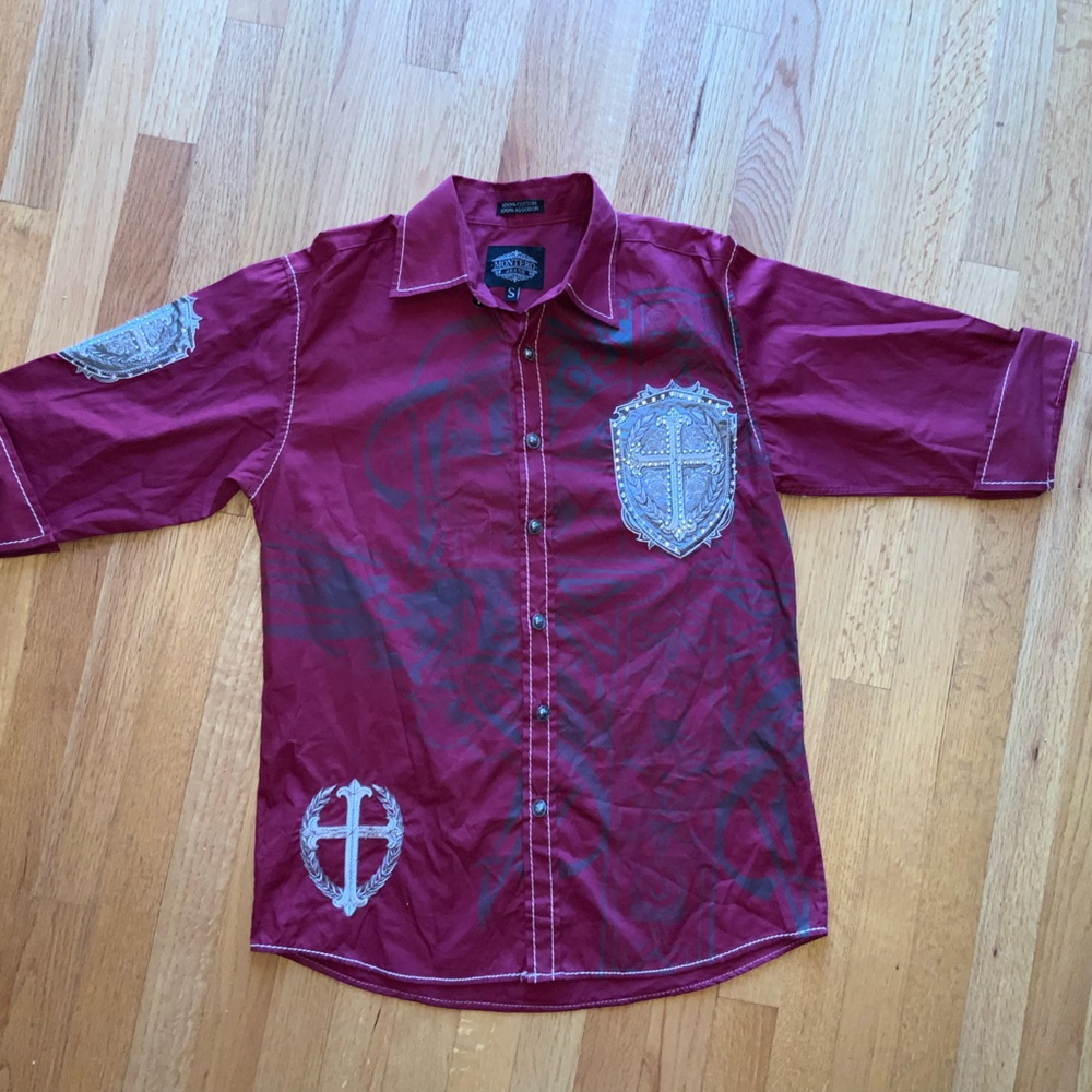 Men’s Montero Western Shirt Burgandy‎ Sz Small beaded embroidered